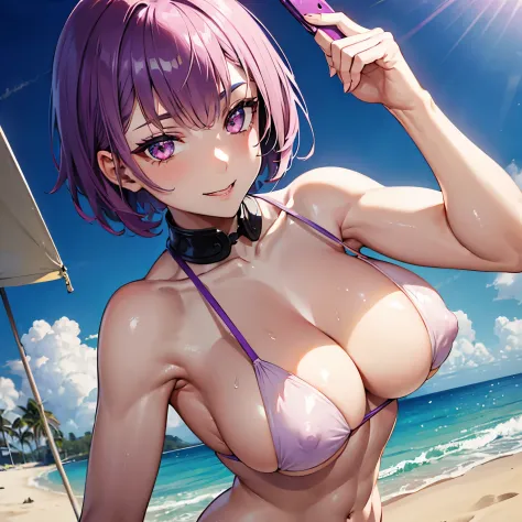 (((1girl) ,pale skin, Masterpiece, ultra quality)), purple short hair, red eyes, taking selfies, muscle body, on beach, sexy micro white bikini, nipples, camel toe, oiled body, smiling