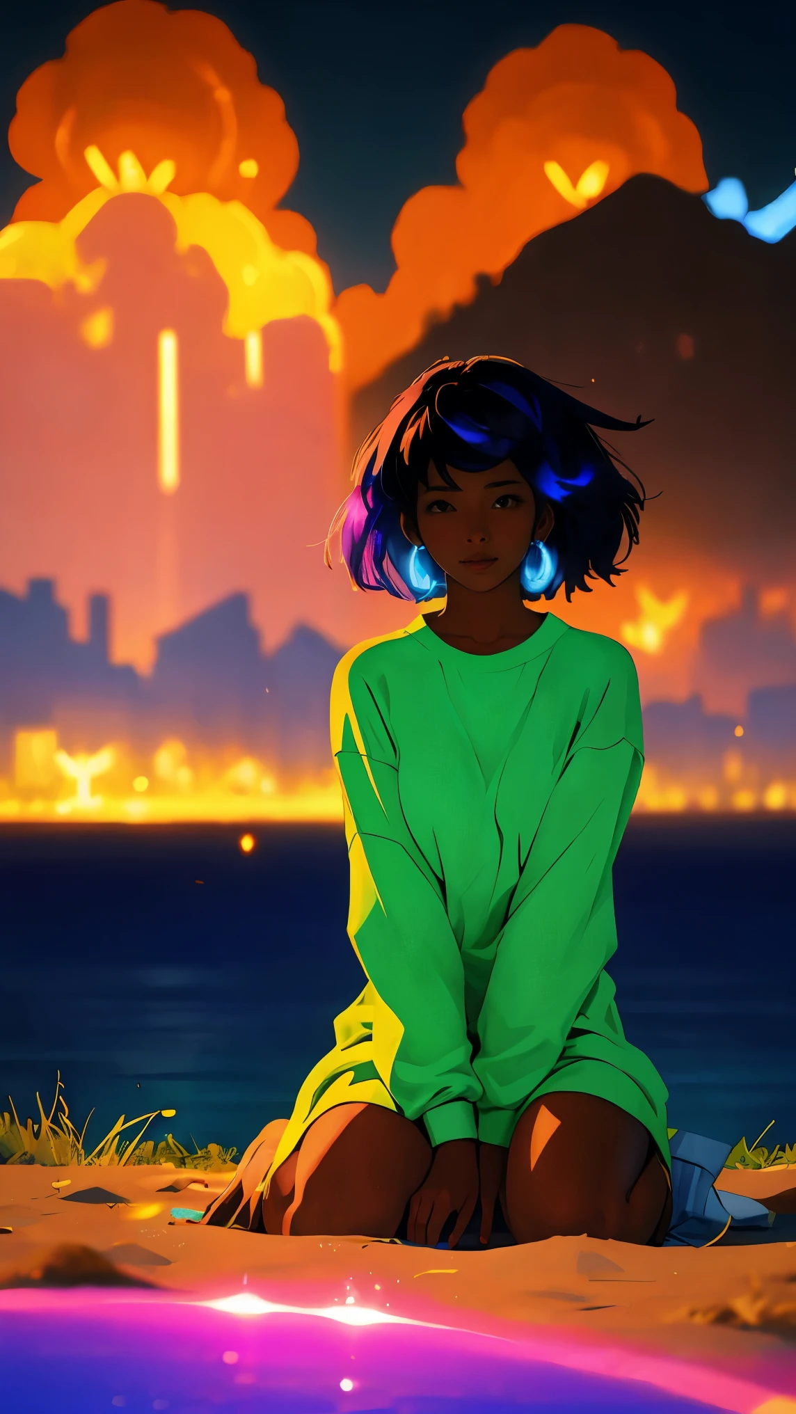 Jolie femme à la peau foncée assise sur une colline, cheveux doux, funkypop, cyberdélique, grunge, animé hyperréaliste, art lofi, Luminisme, mangas, Coup moyen, Chimiluminescence, éclater, éclairage fluorescent, conception de personnages, Atey Ghaïlan, Basquiat, Coloré_fréquences, couleurs électriques, Iridescent, pose dynamique, nouveau realisme, Contexte de la ville,