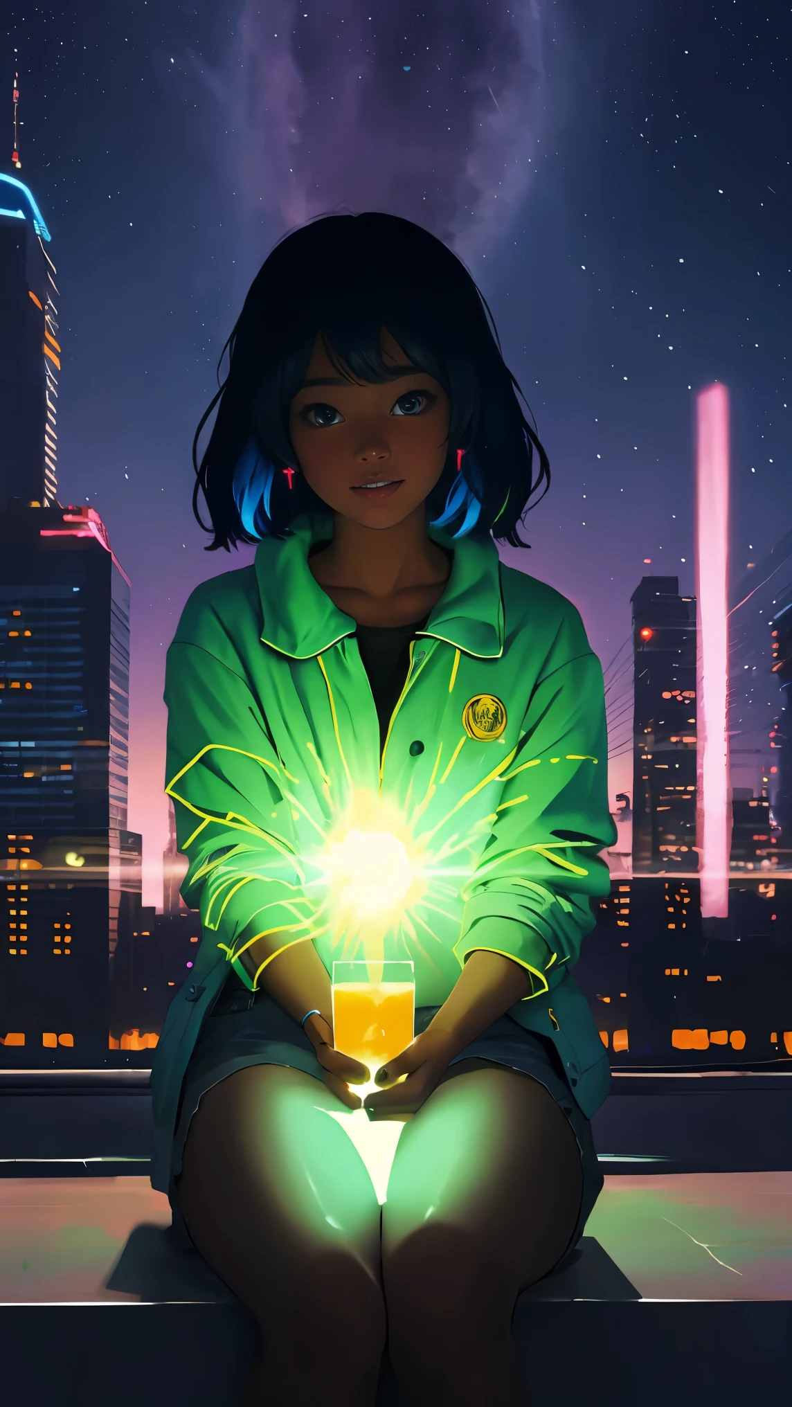 Pretty woman with dark skin sitting on a hillside, soft hair, funkypop, cyberdelic, grunge, hyperrealistic anime, lofi art, luminism, manga, medium shot, chemiluminescence, flare, flourescent lightin, character design, atey ghailan, basquiat, colorful_frequencies, electric colors, iridescent, dynamic pose, nouveau realisme, city background,