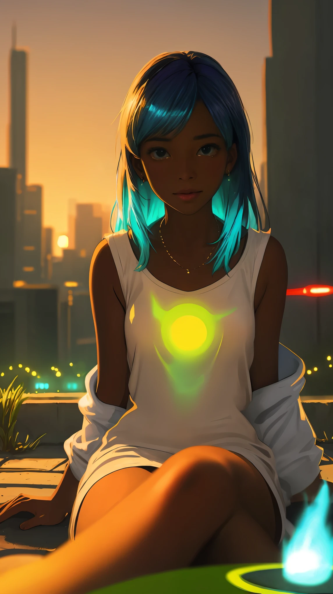 Pretty woman with dark skin sitting on a hillside, soft hair, cyberdelic, grunge, hyperrealistic anime, lofi art, luminism, manga, medium shot, chemiluminescence, flare, flourescent lightin, character design, atey ghailan, basquiat, colorful_frequencies, electric colors, iridescent, dynamic pose, nouveau realisme, city background, african american