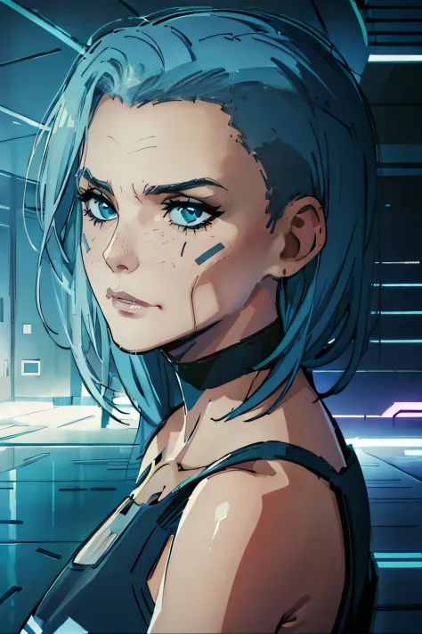 (best quality, detailed:1.4), Blue Moon Cyberpunk, double bun, On a simple background, breast