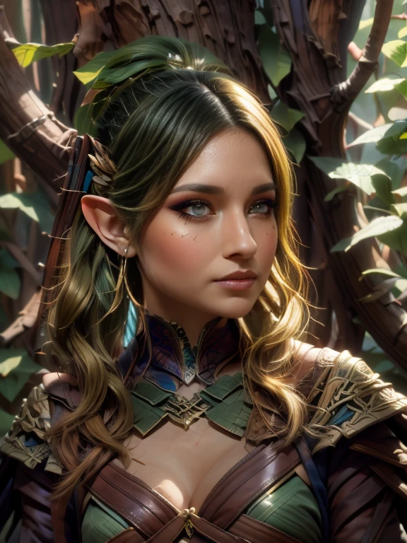 evangelyne from wakfu, magical forest, upper body, archer, evangelyne costume, beautiful detailed eyes, beautiful detailed lips, extremely detailed eyes and face, long eyelashe, traditional animation style, vibrant colors, soft lighting, (best quality, high-reagical forest scenery), lush foliage, mystical atmosphere, ethereal background, enchanted aura., UHD, hyper realistic, photorealistic, detail eyes
