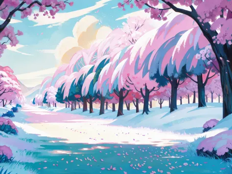 (flat color:1.1),(masterpiece:1.2), best quality, masterpiece, cherry tree grove clearing