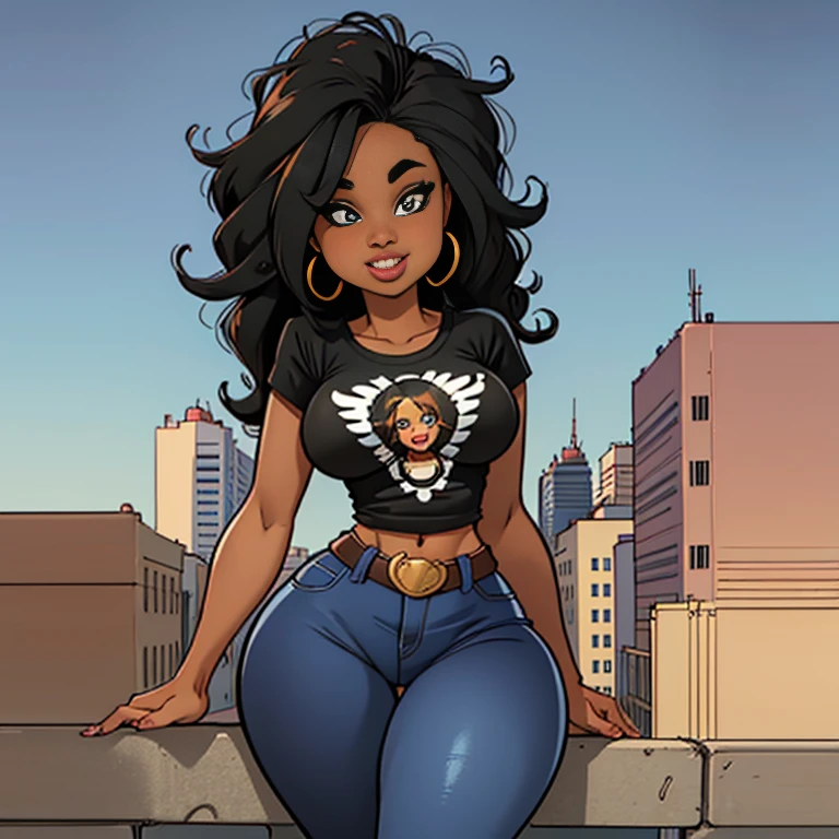 Masterpiece, 1 girl, Black beautiful woman in her twenties, with huge boobs, slim, with a tiny Waist and a round ass. Wearing jeans and a t-shirt that says Black Lives Matter. She has abundant curly hair, big blue eyes, small nose and full lips and playful smile. Located in the streets of a big city downtown.