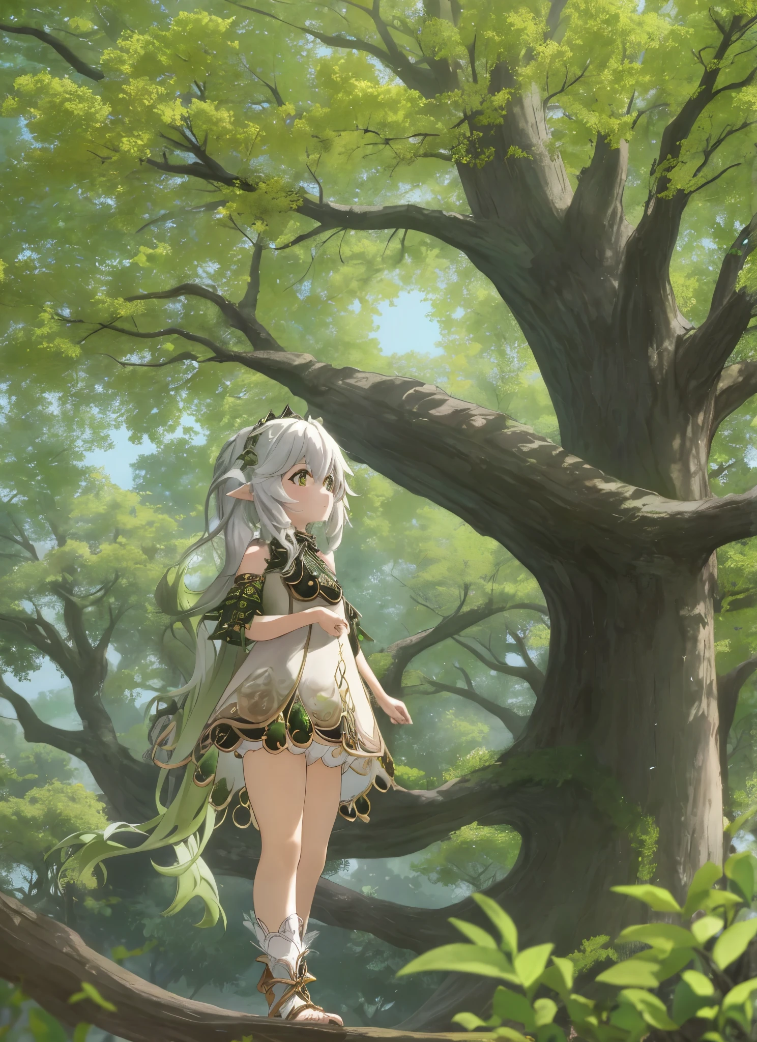 Nahida 站在一棵高耸入云的大树下, 仰望树枝，仿佛进入了另一个世界的神秘空间