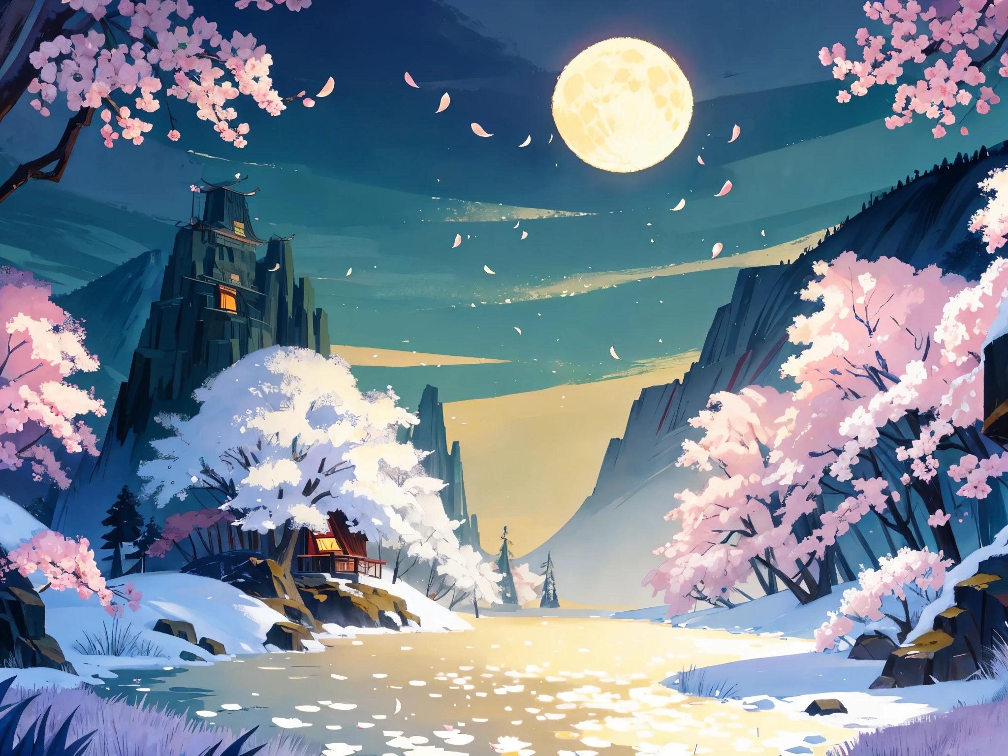 (flat color:1.1),(masterpiece:1.2), best quality, masterpiece, sakura forest clearing, moon melting into the lake below, fireflies