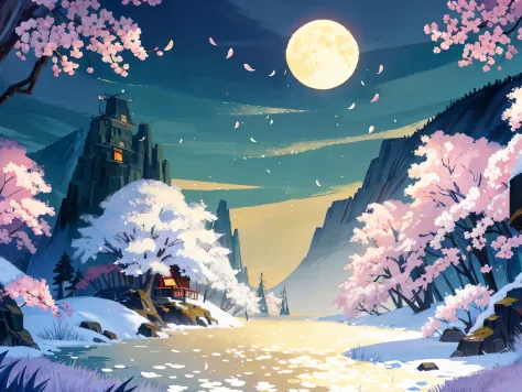 (flat color:1.1),(masterpiece:1.2), best quality, masterpiece, sakura forest clearing, moon melting into the lake below, firefli...