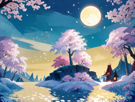 (flat color:1.1),(masterpiece:1.2), best quality, masterpiece, sakura forest clearing, moon melting into the lake below, firefli...