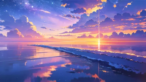 beautiful sea golden and purple sky with clouds and stars and romantic cute