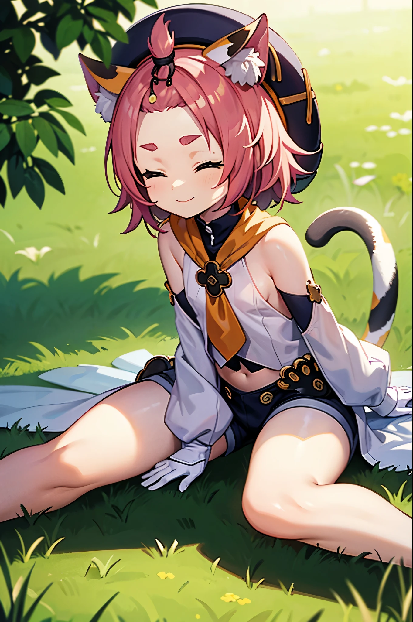 Anime girl with pink hair and cat ears sitting on the grass - SeaArt AI