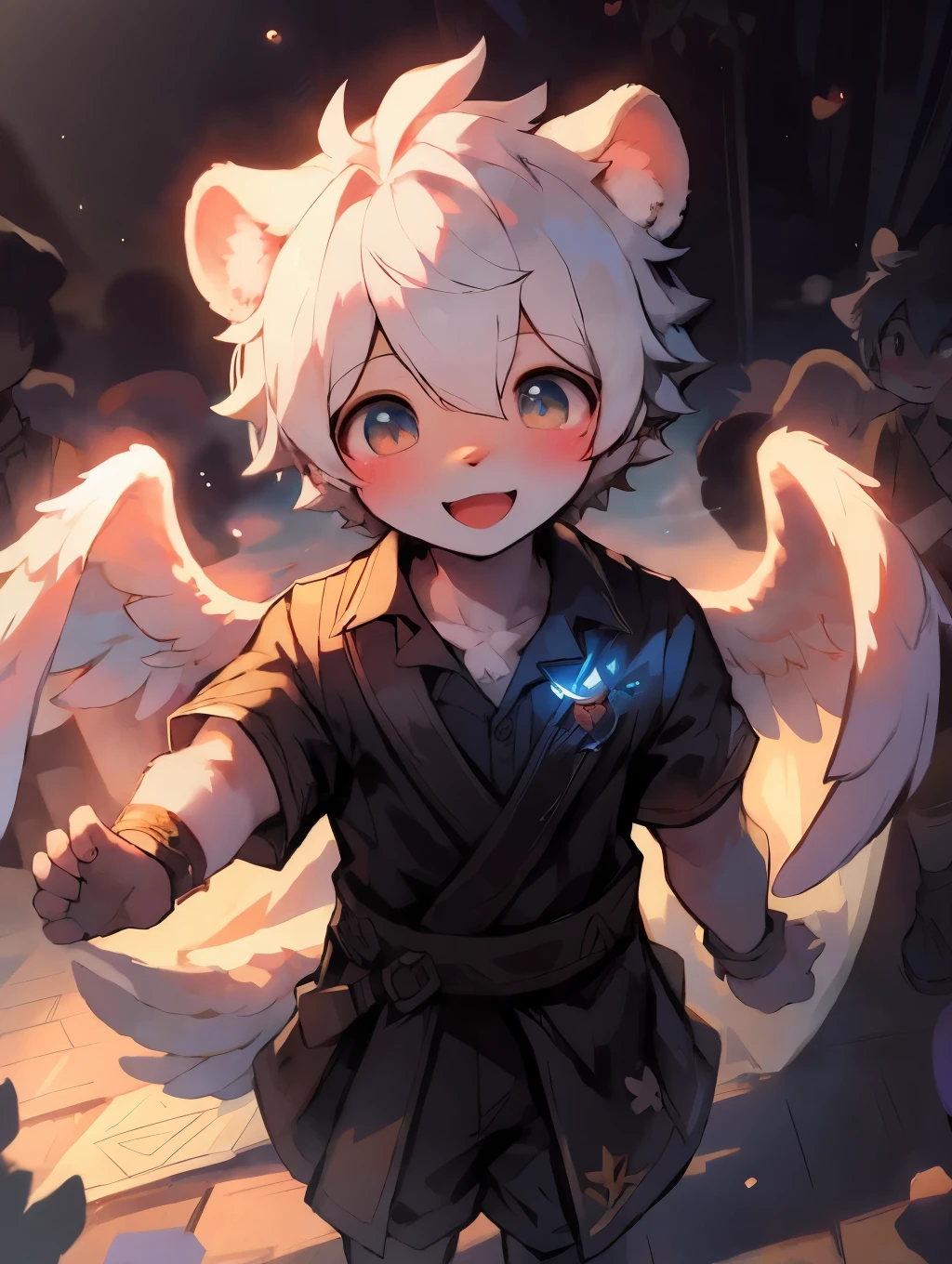 Shota，white hair ，male，Q version，（Rabies in young children）， Lovely， stand up， masterpiece， high resolution，8k，Detailed background，high quality，boy，（（（solo））），(angel wings，angel halo，White clothearefoot：0.6)，looking at the audience，perspective，from above，dreamlike，magic，Baiyun，（Warm light source：1.2），upper sky，on cloud，a happy expression，，blushing，exposed