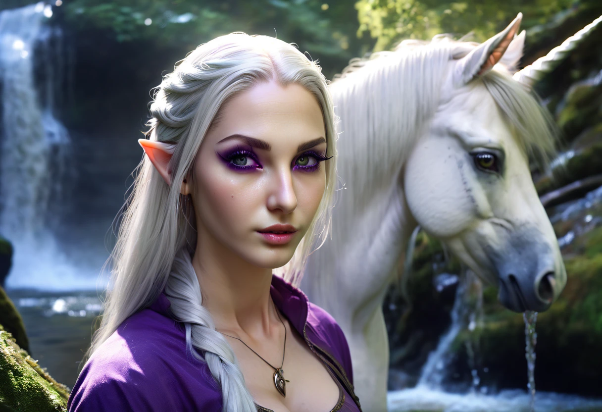 (Marija face). (best quality,highres:1.2),ultra-detailed,realistic, HDR,portrait,Elf Female,beautiful detailed eyes,beautiful detailed lips,extremely detailed eyes and face,long eyelashes,high detail White hair,Purple pupils, in nature,waterfall,unicorn drinking from a river, detailed unicorn with detailed horn, detiled elf, in forest close to a river,