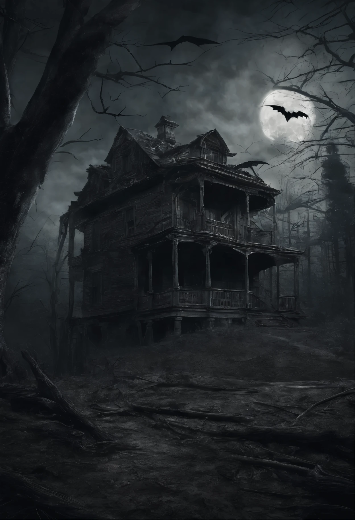 old dilapidated three-story wooden house in the distance with a balcony and terrace, the road to the house is covered with the roots of old dried trees, night, big moon, bats