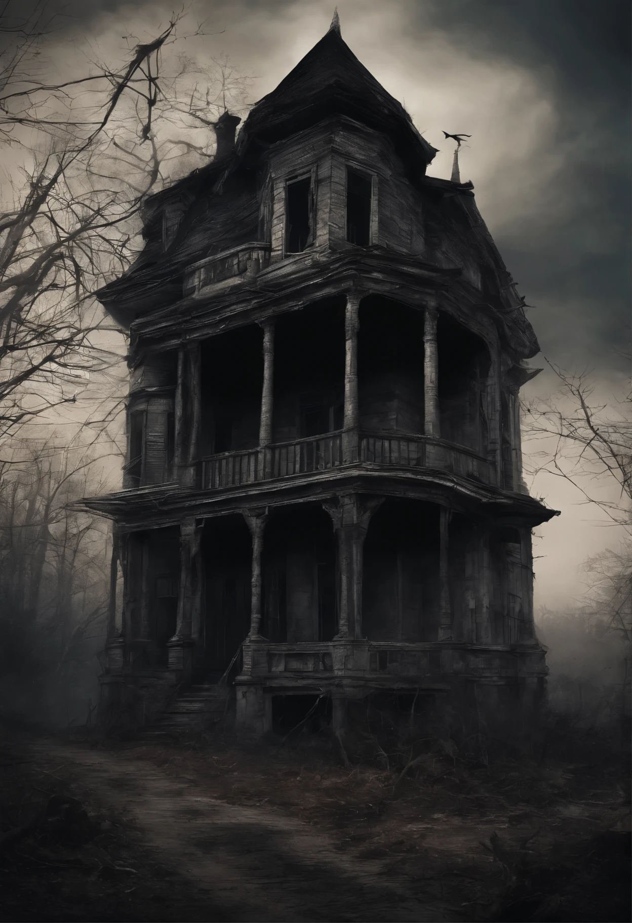 old dilapidated three-story wooden house in the distance with a balcony and terrace, the road to the house is covered with the roots of old dried trees, night, big moon, bats