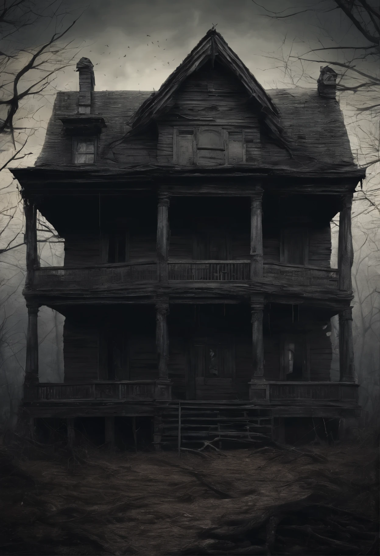 old dilapidated three-story wooden house in the distance with a balcony and terrace, the road to the house is covered with the roots of old dried trees, night, big moon, bats