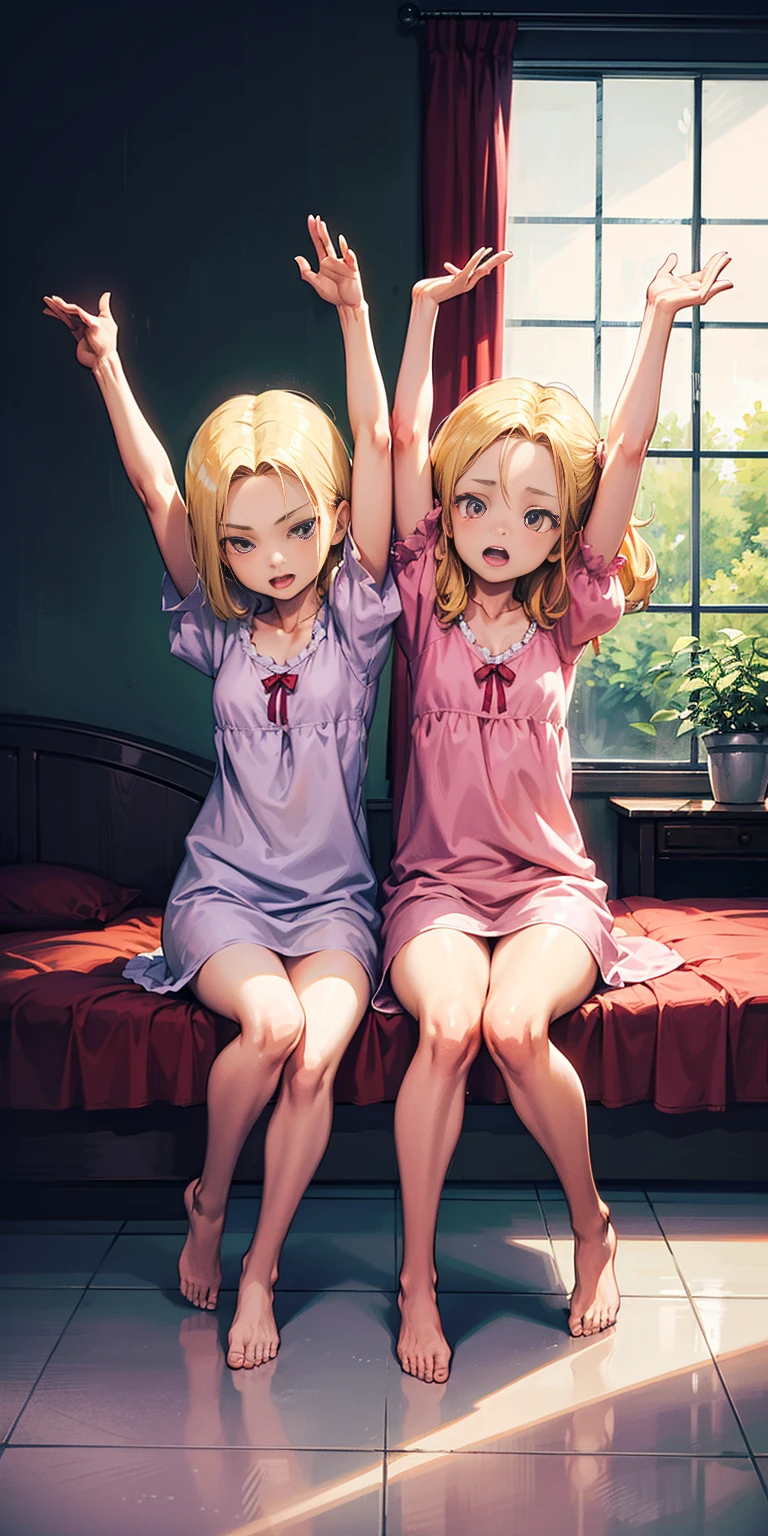 2girls (twins), sitting on red bed , arms raised in the air , front view, cute, android 18, blonde hair, shor hair, wearing pink nightgown
