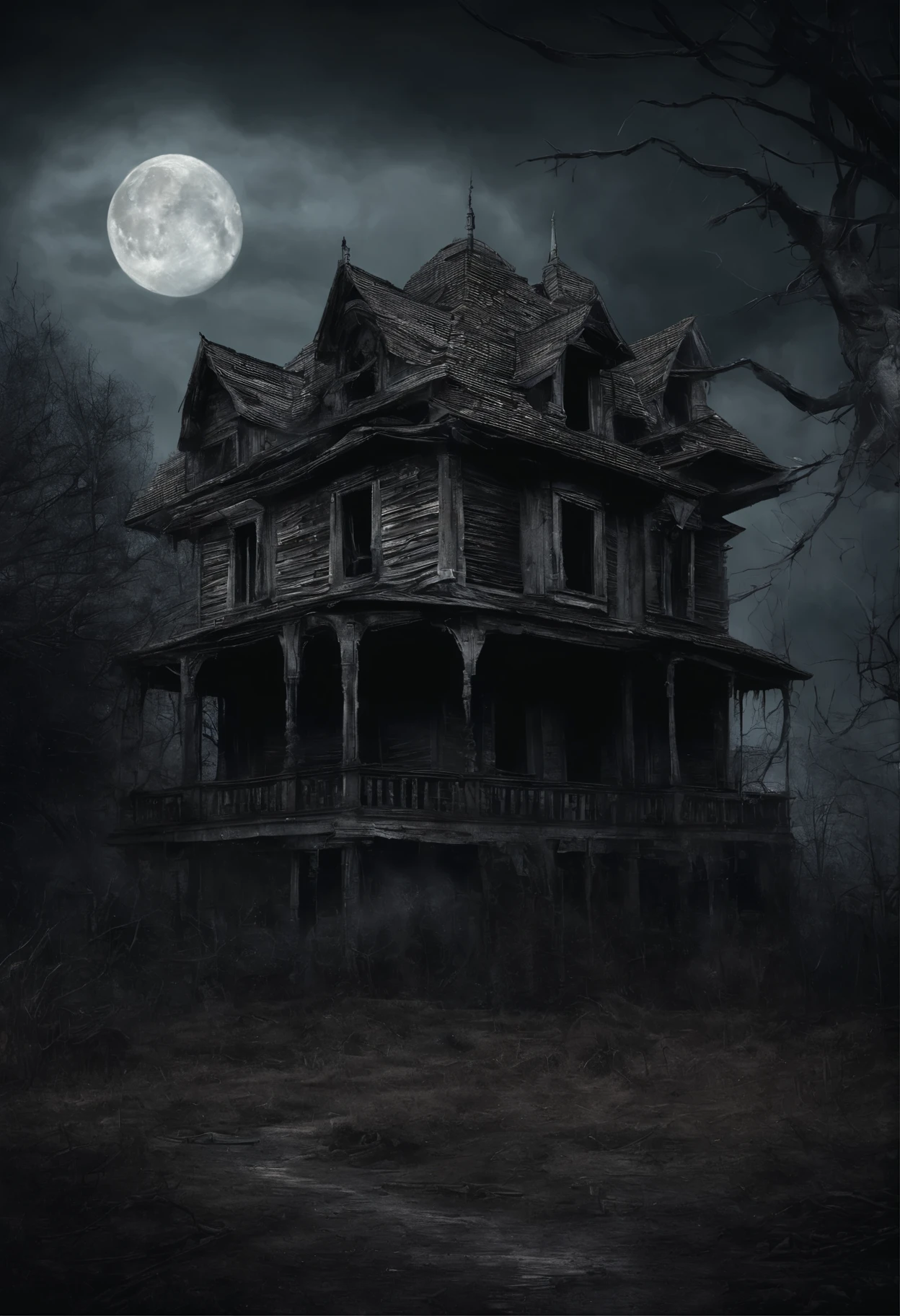 old dilapidated three-story wooden house in the distance with a balcony and terrace, the road to the house is covered with the roots of old dried trees, night, big moon, bats