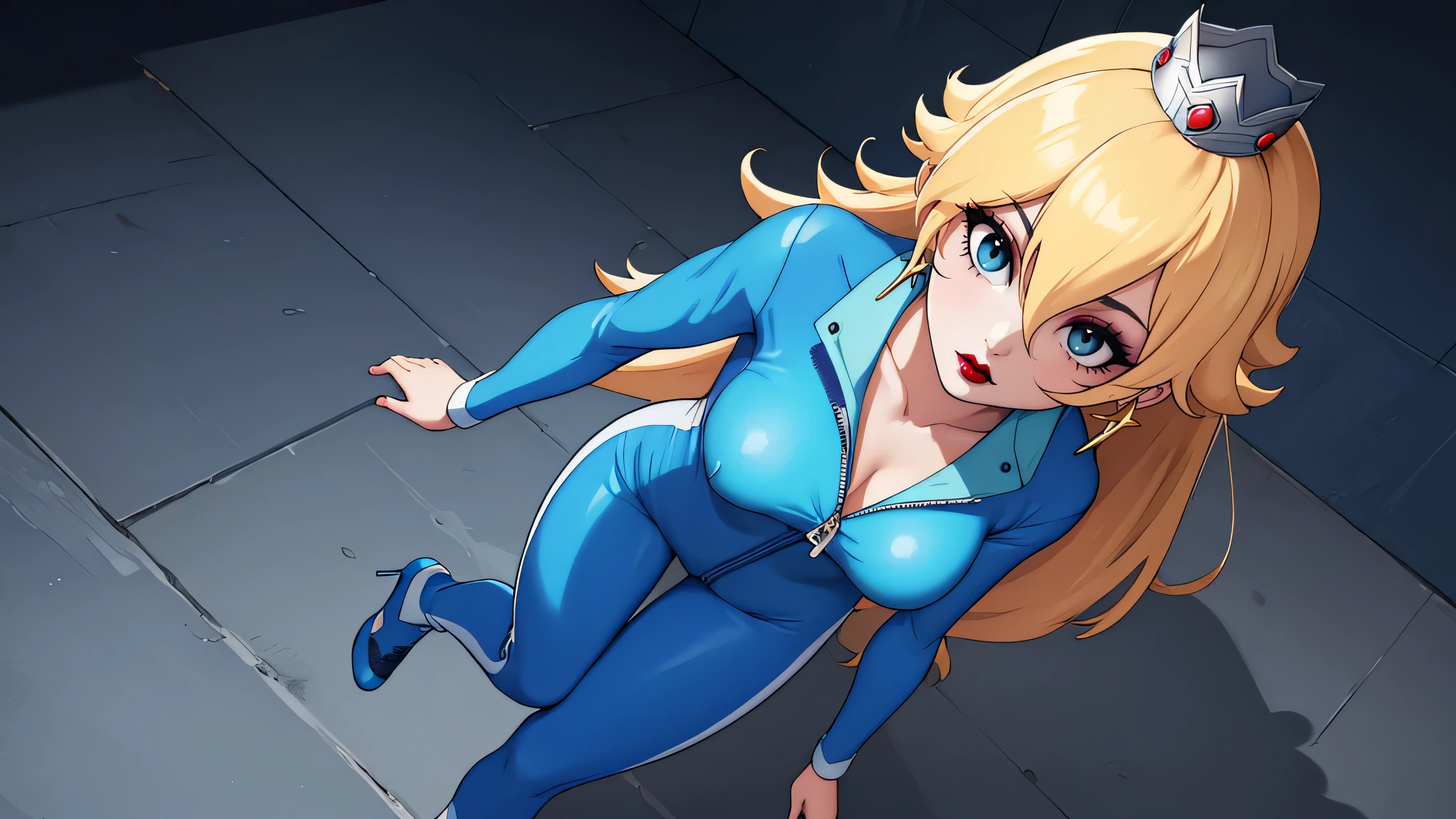 ((high detailed, best quality, 4k, masterpiece, hd:1.3)), (panoramic shot), (Mario_Kart_stadium_background), background public, karts racing, BREAK night, moonlight, landscape, a full-length shot of Rosalina standing posing, BREAK neon blue eyes, seductive, attractive, sexy smile, smiling, smooth anime cg art, 36C breasts, (long fitness legs), vivid colors, detailed digital art, slim body, perfect skin, blonde hair, long hair, BREAK crown, BREAK looking at viewer, extremely detailed face, (blue jumpsuit), (Jumpsuit:1.5), (blue racing suit), (racing suit:1.5), (blue high heels), full body, earrings, gem, dark gothic eyeshadows, dark eyeshadows, black eyeshadows, black_sexy_lips, black lips, dark lips, gothic painted lips, dark_red_lips, very dark lips, red_painted_lips, (very thin lips), thin lips, detailed lips, (dark:1.2), (perfect hands, perfect anatomy), black makeup, detailed fingers, five fingers per hand, 5 fingers, (1 girl), (solo:1.3), (from above:1.3), (arms outstretched:1.3),