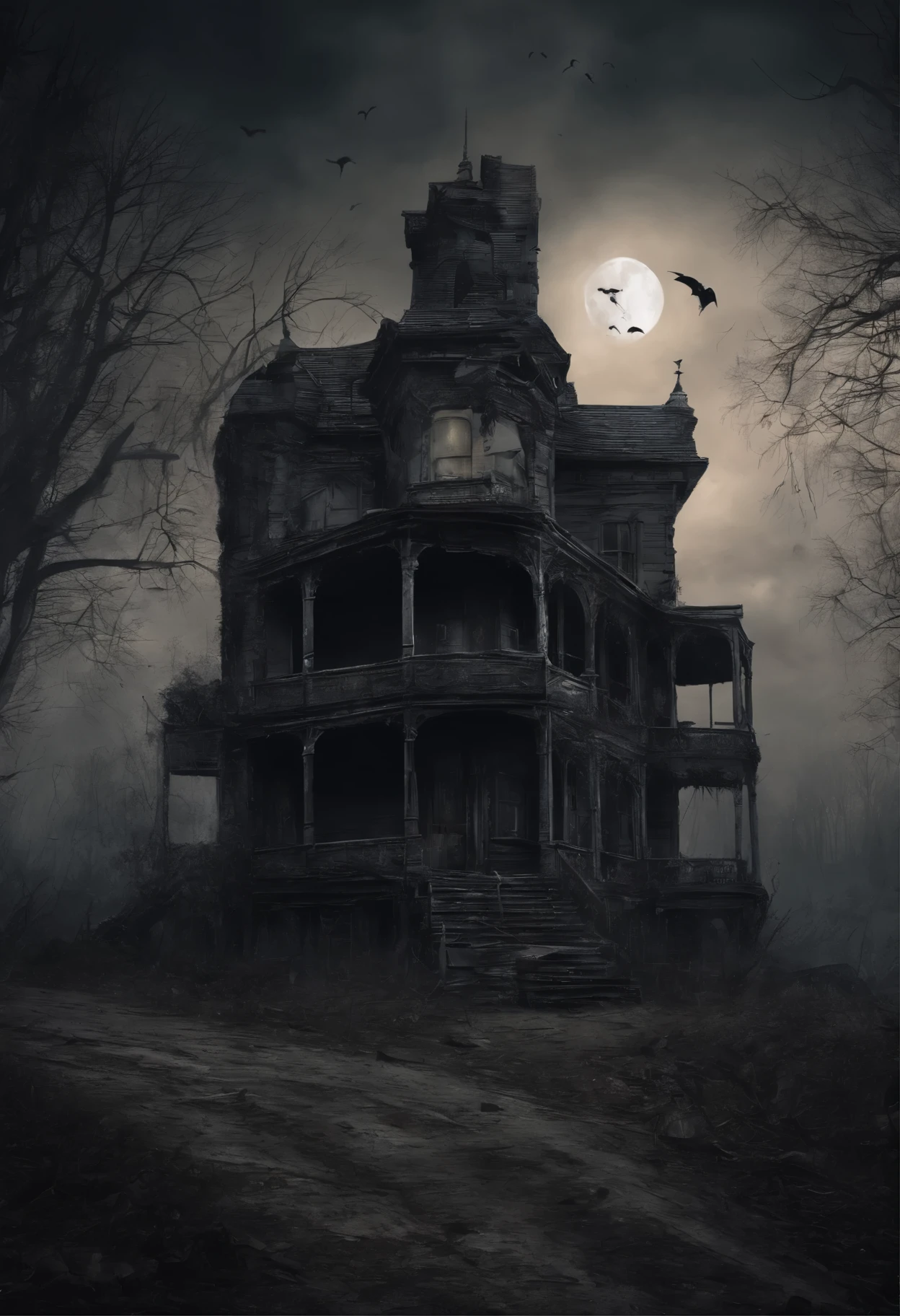 old dilapidated three-story wooden house in the distance with a balcony and terrace, the road to the house is covered with the roots of old dried trees, night, big moon, bats