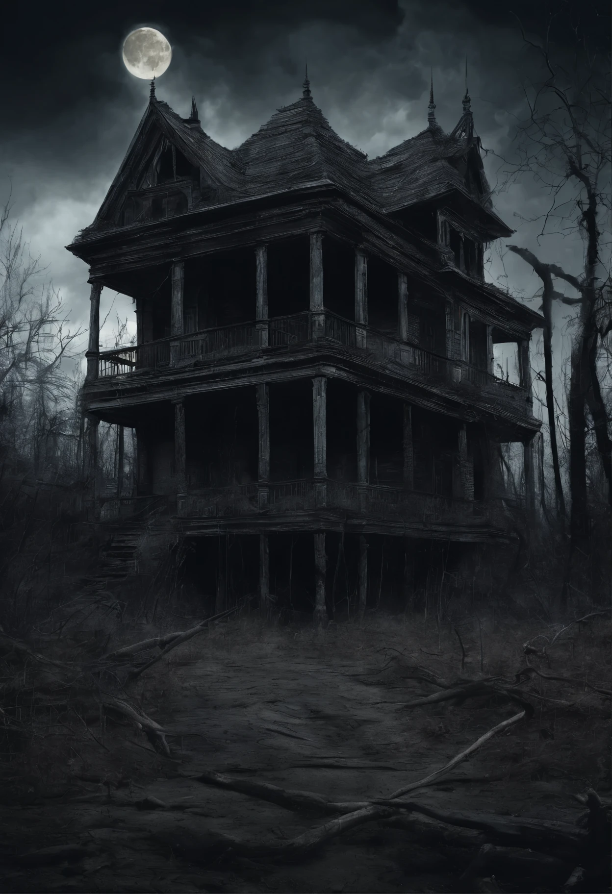 old dilapidated three-story wooden house in the distance with a balcony and terrace, the road to the house is covered with the roots of old dried trees, night, big moon, bats