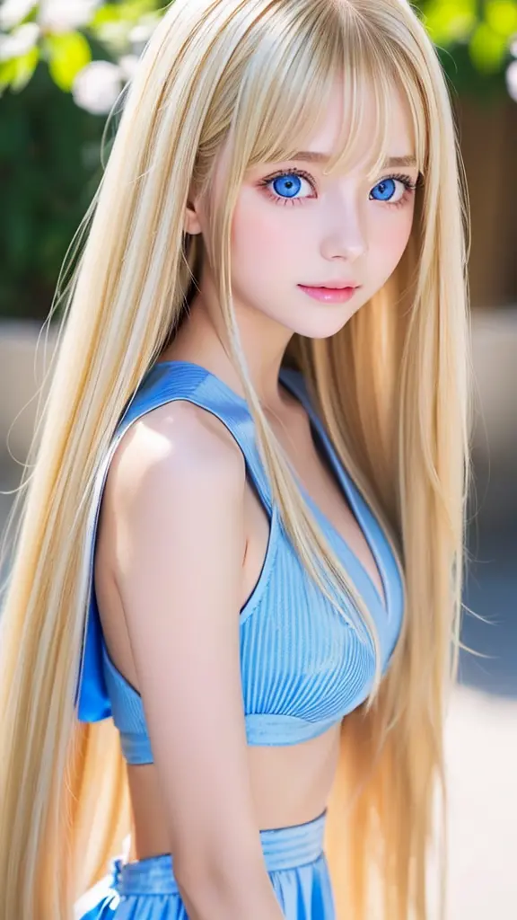 very beautiful face、Super long, bright blonde hair that shines like wind silk、bangs between the eyes swinging、Super Long Straigh...