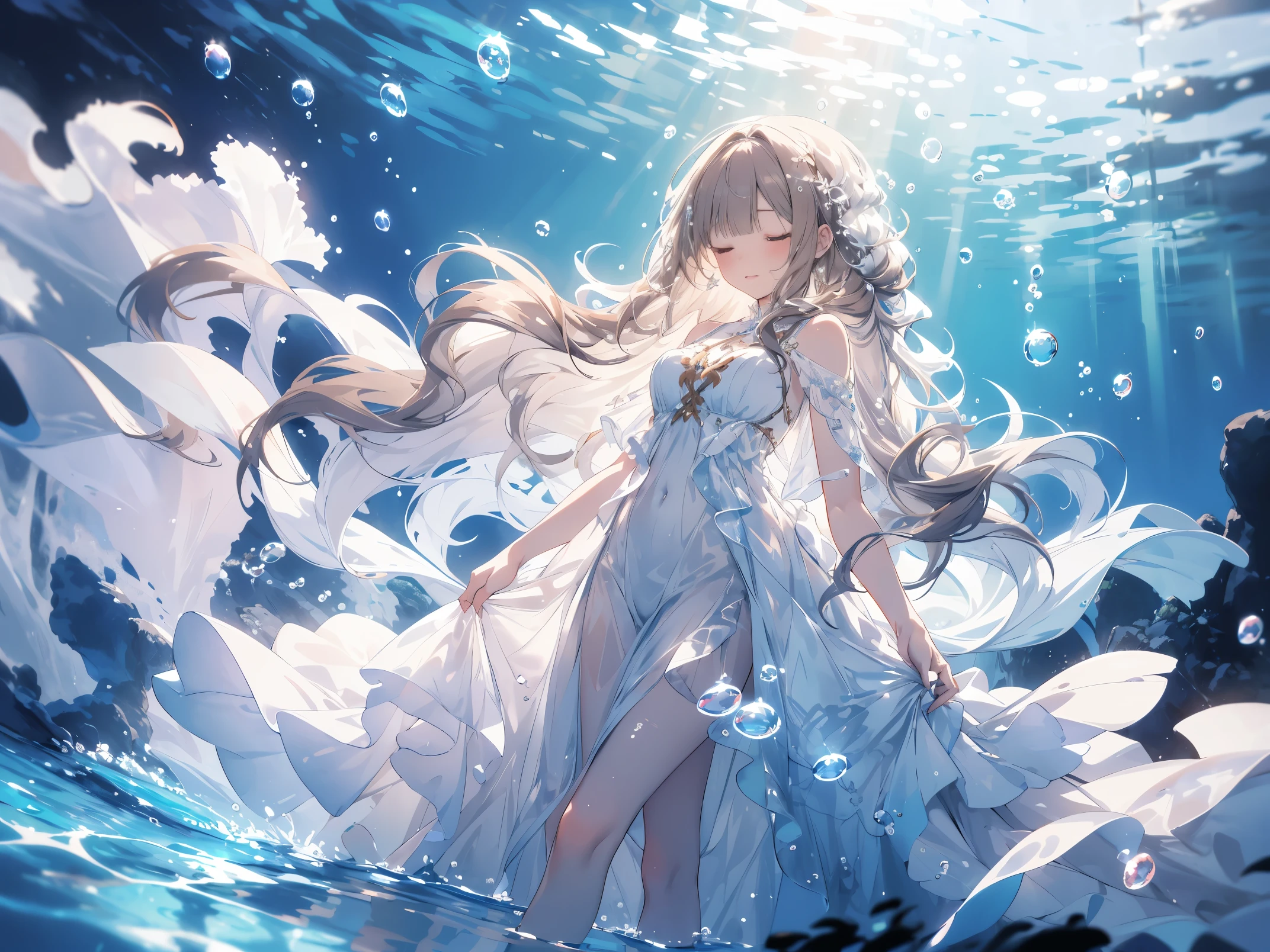 an artwork of a woman in white dress and flowing white hair under water, 1girl, dress, underwater, solo, long hair, closed eyes, brown hair, air bubble, barefoot, bubble