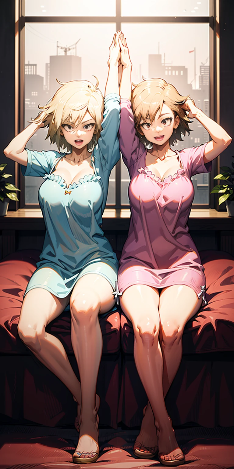 2 filles (jumeaux), assis sur un lit rouge , Bras levés en l’air , vue de face, mignon, androïde 18, cheveux blond, cheveux courts, porter une chemise de nuit rose
