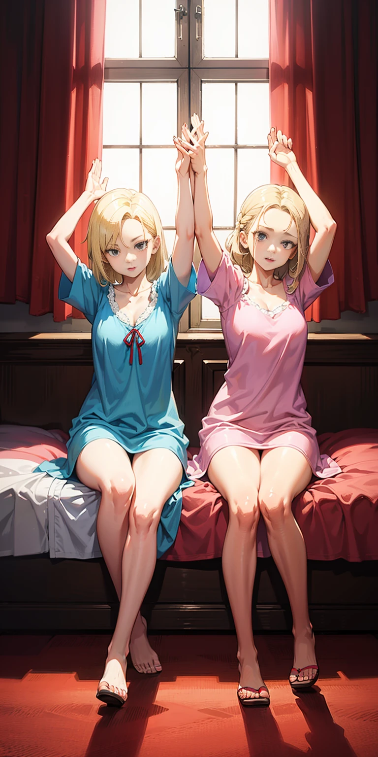 2 Mädchen (Zwillinge), sitzen auf dem roten Bett , Arme in die Luft erhoben , Vorderansicht, Niedlich, android 18, blondes Haar, kurzes Haar, trägt ein rosa Nachthemd
