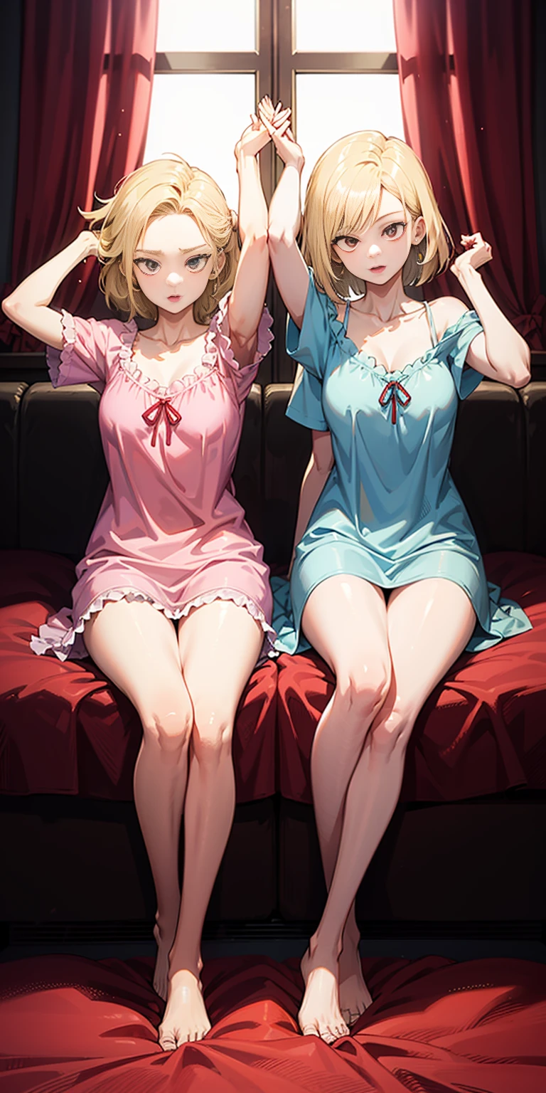 2 девушки (двойняшки), сидя на красной кровати , руки подняты в воздух , передний план, милый, Андроид 18, светлые волосы, короткие волосы, в розовой ночной рубашке
