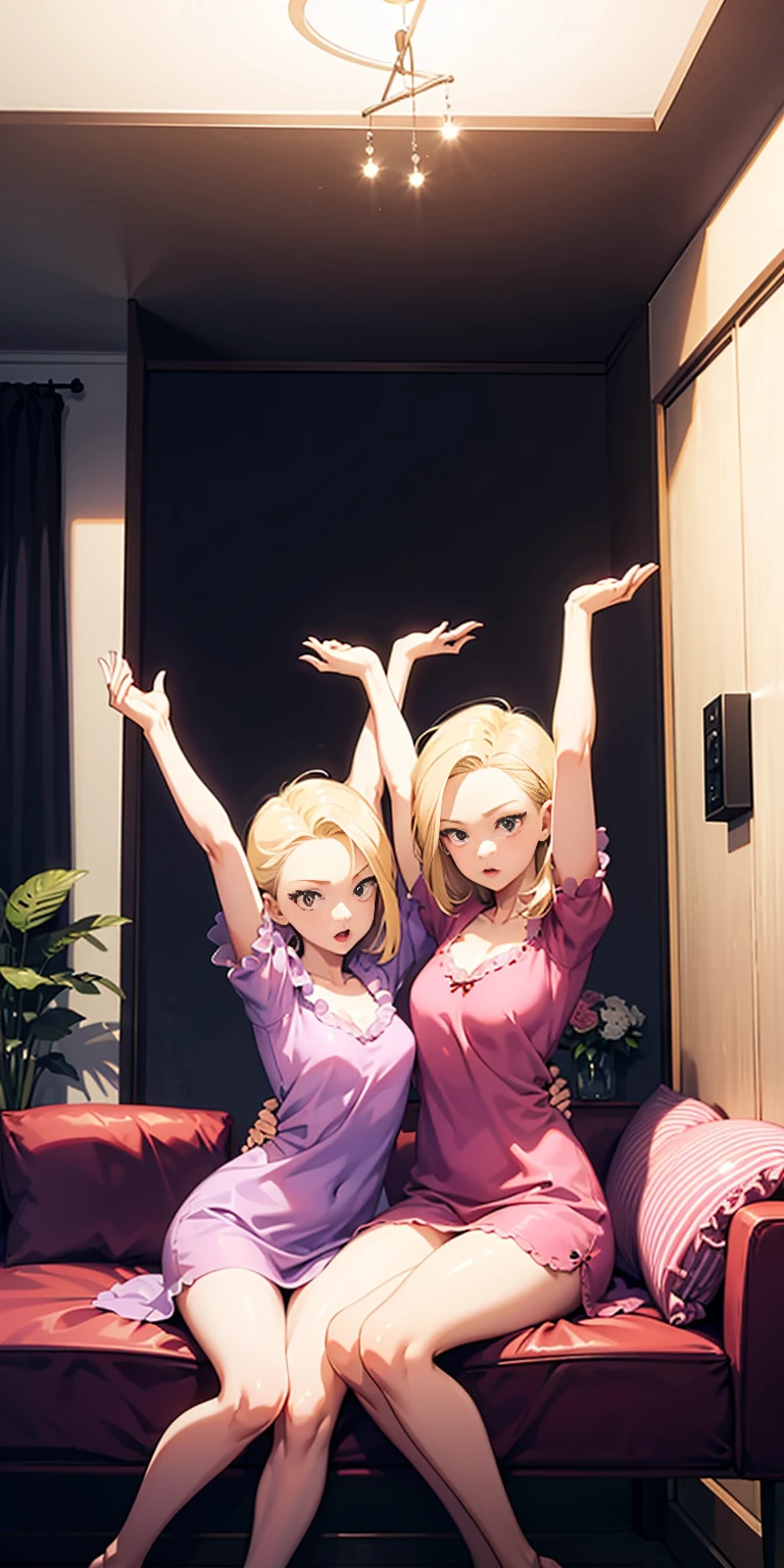 2girls (twins), sitting on red bed , arms raised in the air , front view, cute, android 18, blonde hair, shor hair, wearing pink nightgown
