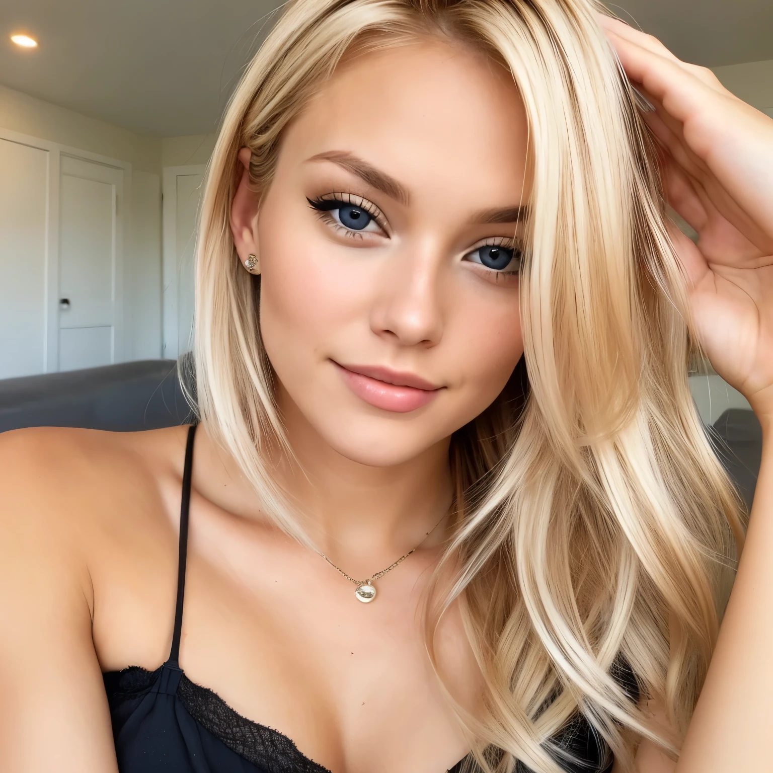 A close up of a woman with blonde hair and a black bra top - SeaArt AI