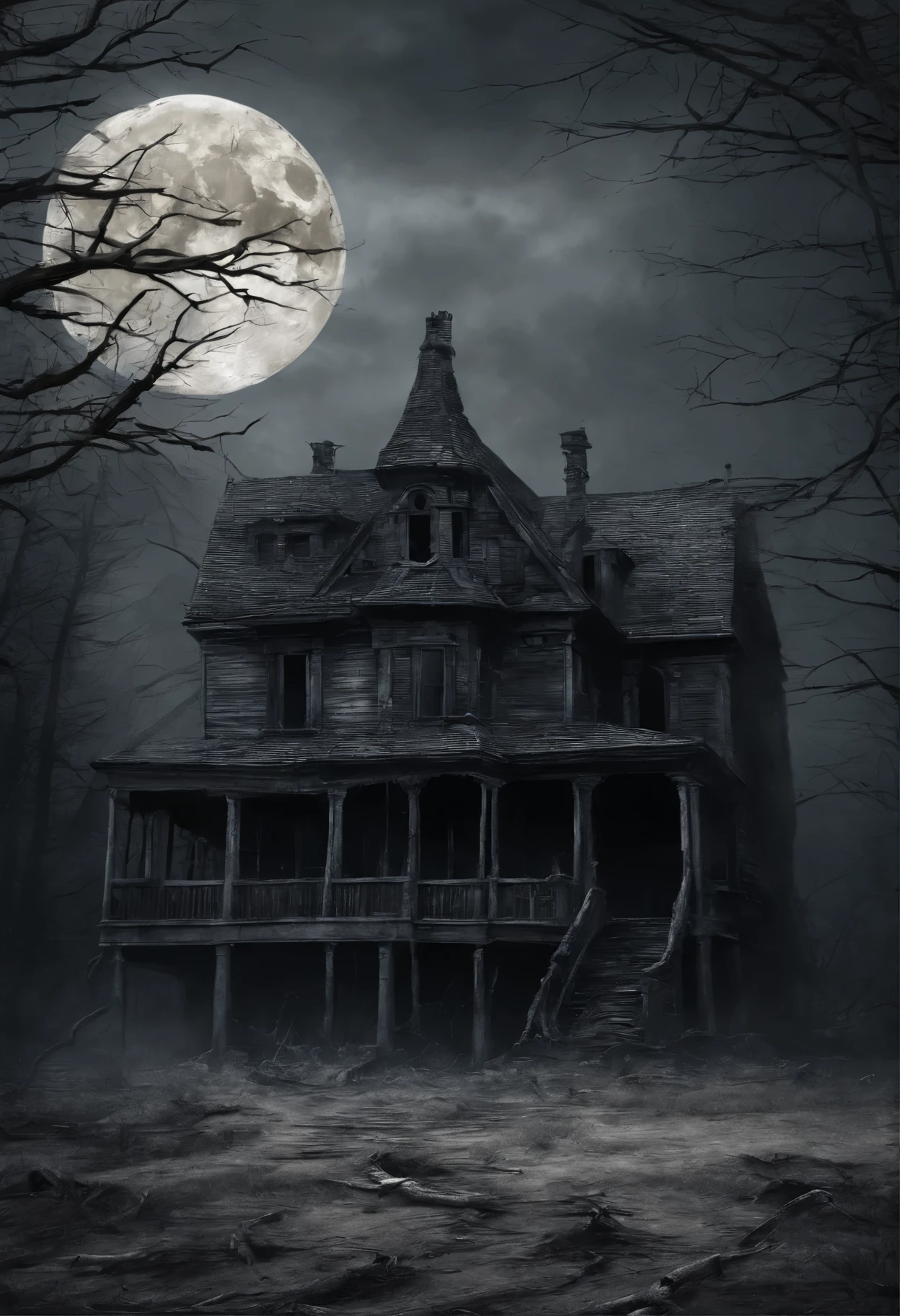 old dilapidated three-story wooden house in the distance with a balcony and terrace, the road to the house is covered with the roots of old dried trees, night, big moon, bats