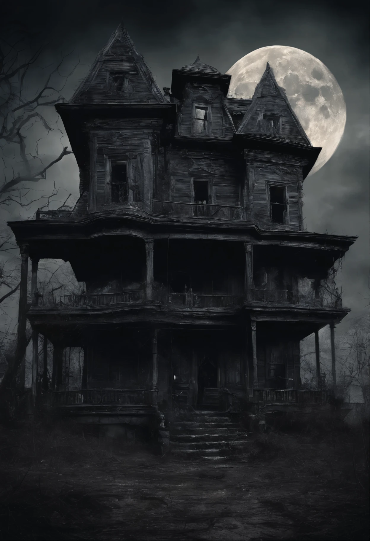 old dilapidated three-story wooden house in the distance with a balcony and terrace, the road to the house is covered with the roots of old dried trees, night, big moon, bats