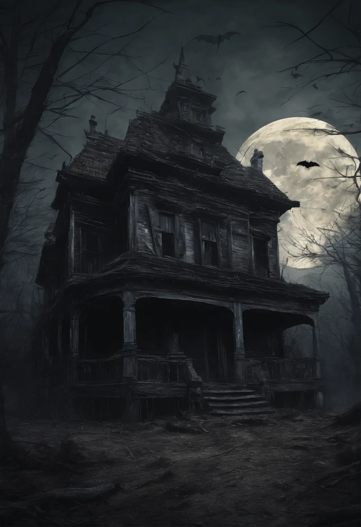 old dilapidated three-story wooden house in the distance with a balcony and terrace, the road to the house is covered with the roots of old dried trees, night, big moon, bats