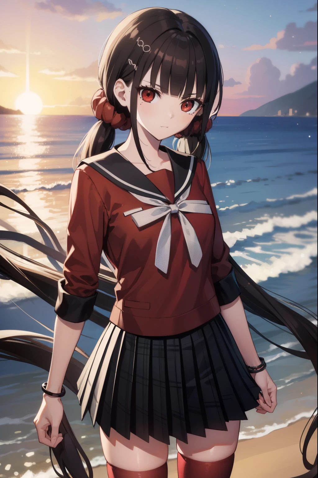 makiharukawa, harukawa maki, long hair, bangs, brown hair, black hair, hair ornament, (red eyes:1.5), twintails, very long hair, hairclip, blunt bangs, mole under eye, low twintails, scrunchie, hair scrunchie, red scrunchie, (small breast:1.2), BREAK skirt, shirt, thighhighs, long sleeves, bow, school uniform, pleated skirt, serafuku, miniskirt, black skirt, sailor collar, mole, bracelet, zettai ryouiki, plaid, plaid skirt, red shirt, black sailor collar, red thighhighs, BREAK looking at viewer, BREAK outside, beach, BREAK (masterpiece:1.2), best quality, high resolution, unity 8k wallpaper, (illustration:0.8), (beautiful detailed eyes:1.6), extremely detailed face, perfect lighting, extremely detailed CG, (perfect hands, perfect anatomy),