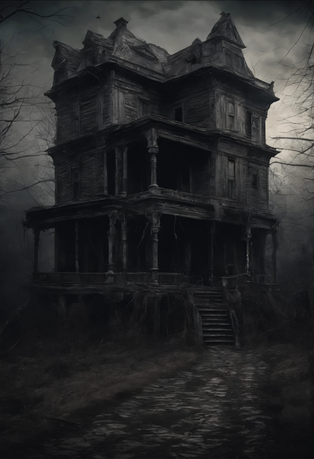 old dilapidated three-story wooden house in the distance with a balcony and terrace, the road to the house is covered with the roots of old dried trees, night, big moon, bats