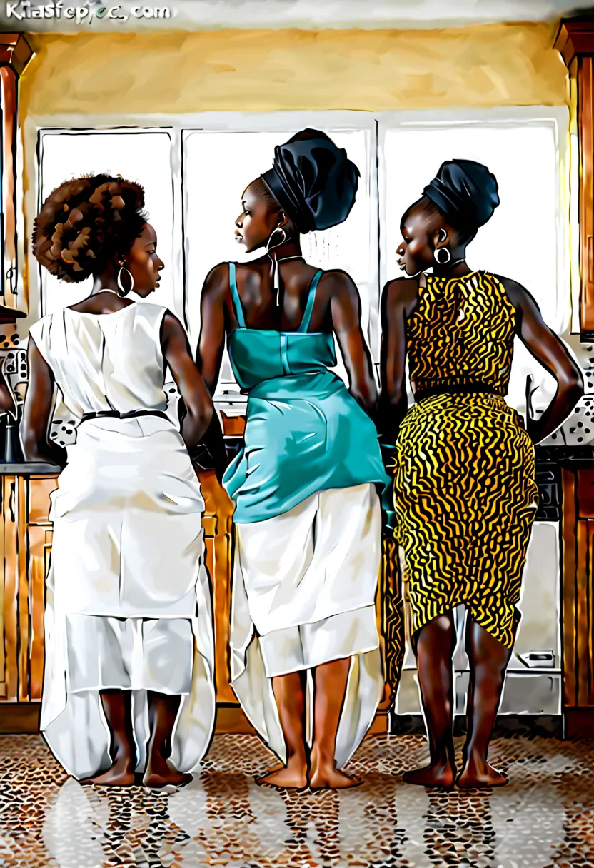 four african girls in a large kitchen, side by side, on all fours, from behind, masterpiece, 16k