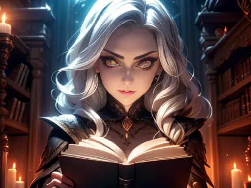((materpiece)), ((best quality)), ((cinematic lighting): 1.0), ((medium close-up): 1.0)A Witch, white hair, pale skin, red eyes,...