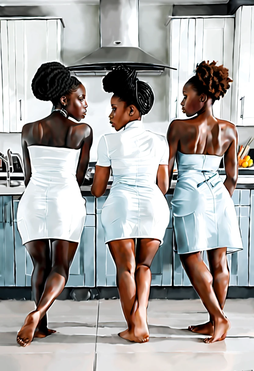 four african girls in a large kitchen, side by side, kneeling on all fours, wearing paties, no bra, from behind, looking away, masterpiece, 16k