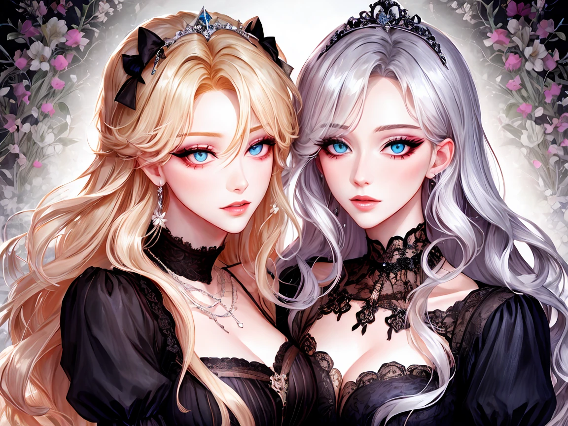 shoujo-style, (floral background), romance manhwa, (2girls:1.2), (aligned), silver hair, blonde hair, solo, long hair, flower, dress, (tiara), white dress, gloves, long sleeves, choker, mascara, makeup, white gloves, black bow, black flower, wavy hair, bow, jewelry, looking at viewer, white background, collarbone, (cleavage), puffy sleeves, silver accessories, necklace, upper body, parted bangs, very long hair, blue dress, frills, bangs, closed mouth, detailed eyes, (close up), gleaming skin, shiny glossy skin