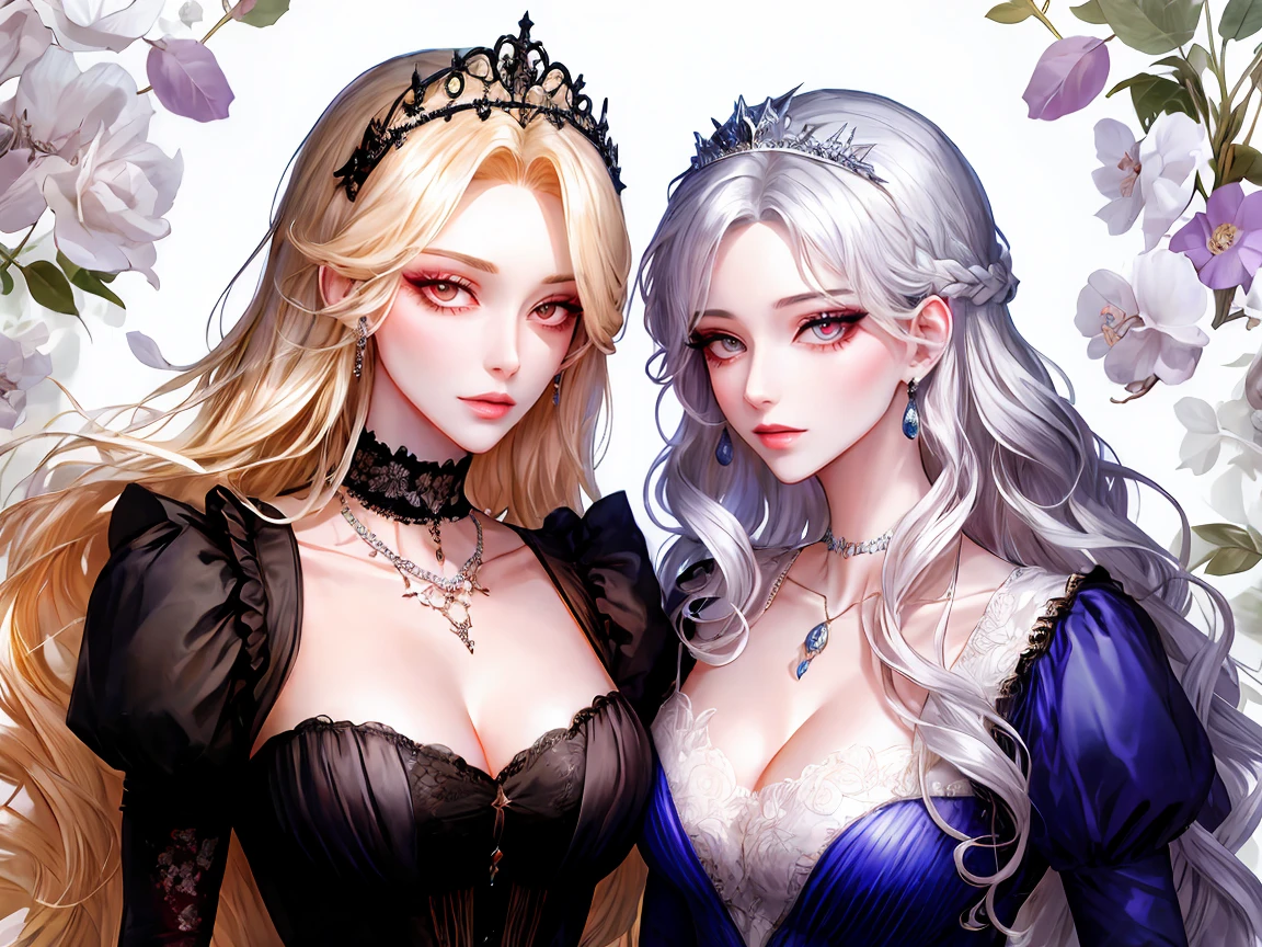 shoujo-style, (floral background), romance manhwa, (2girls:1.2), (aligned), silver hair, blonde hair, solo, long hair, flower, dress, (tiara), white dress, gloves, long sleeves, choker, mascara, makeup, white gloves, black bow, black flower, wavy hair, bow, jewelry, looking at viewer, white background, collarbone, (cleavage), puffy sleeves, silver accessories, necklace, upper body, parted bangs, very long hair, blue dress, frills, bangs, closed mouth, detailed eyes, (close up), gleaming skin, shiny glossy skin