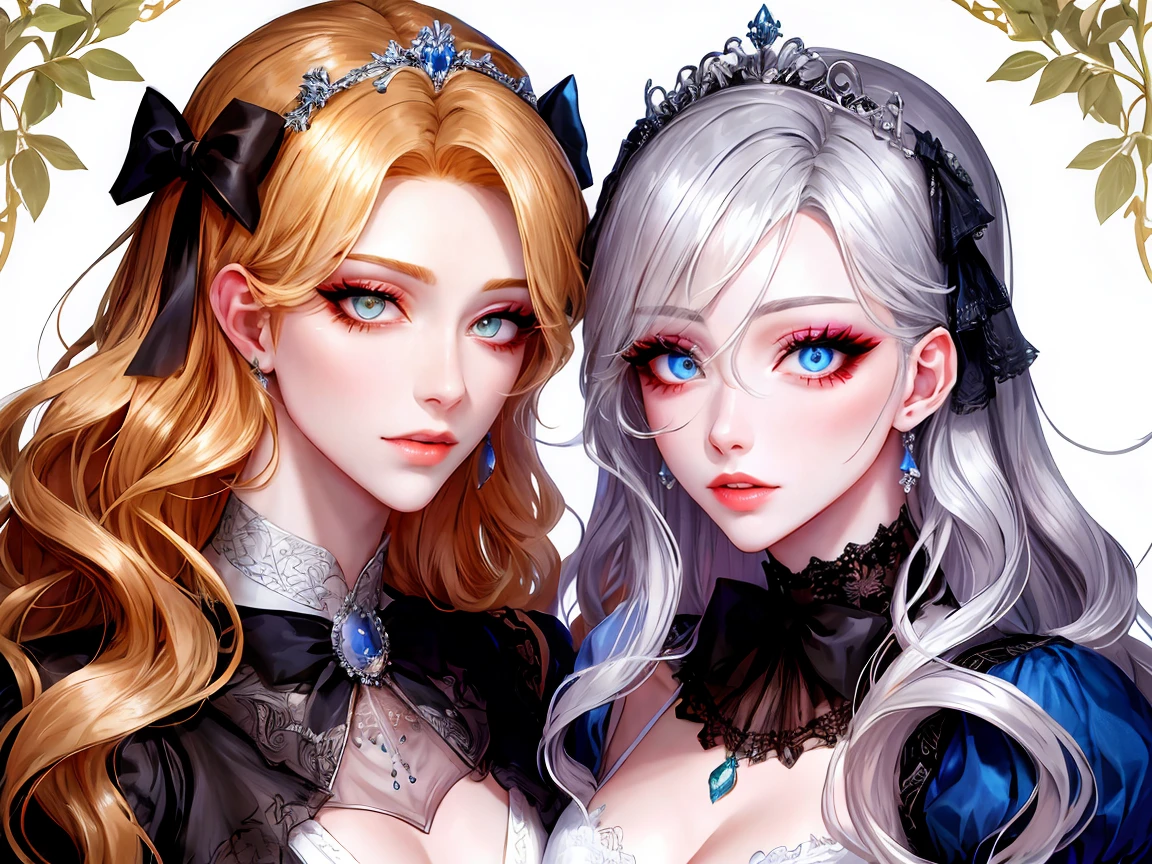 shoujo-style, (floral background), romance manhwa, (2girls:1.2), (aligned), silver hair, blonde hair, solo, long hair, flower, dress, (tiara), white dress, gloves, long sleeves, choker, mascara, makeup, white gloves, black bow, black flower, wavy hair, bow, jewelry, looking at viewer, white background, collarbone, (cleavage), puffy sleeves, silver accessories, necklace, upper body, parted bangs, very long hair, blue dress, frills, bangs, closed mouth, detailed eyes, (close up), gleaming skin, shiny glossy skin