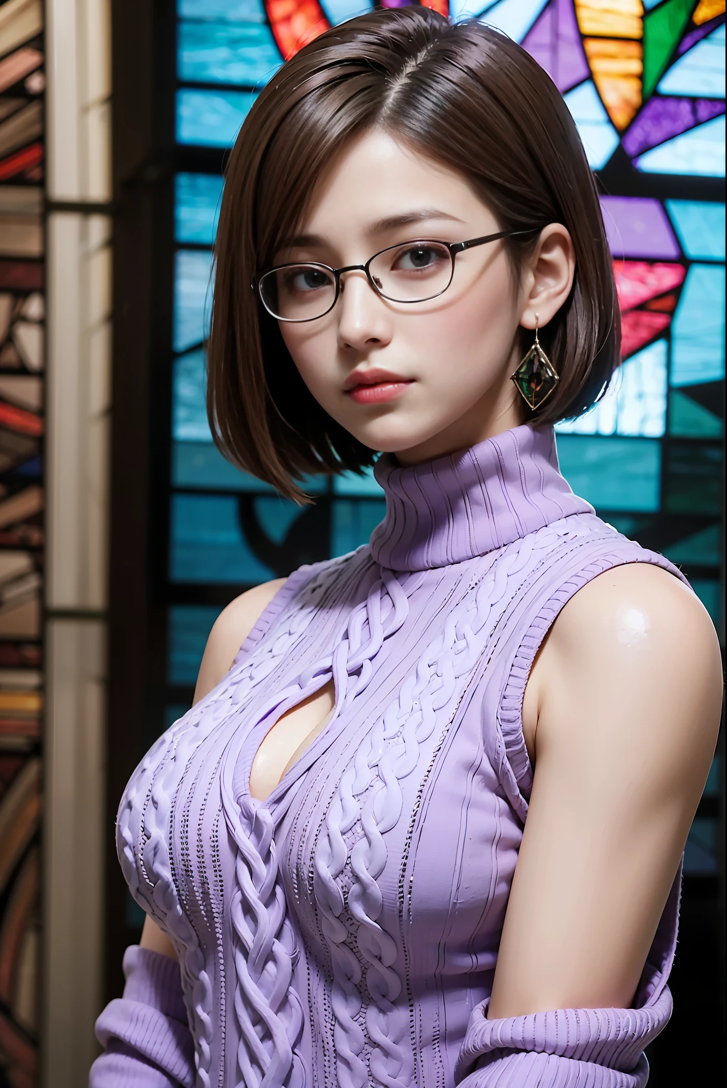 (highest quality, 8K, At 32K, master piece, ticker:1.2), (real, photorealistic:1.1), (perfect anatomy:1.2), 1 girl, super cute high school girl, japanese girl, close your mouth, 17 years old, (black-rimmed glasses:1.2), horizontal distance method, close up of face, ((close up of face:1.4)), Depth of the bounds written, fine skin, orange lip, (((facing forward))), look at the viewer, pout, natural eyes, Super detailed, sparkly earrings , shining bronze hair, fluffy hair, (bob cut hair:1.2), in a pitch dark room, (The background  a completely blurred stained glass background:1.8), large breasted, Heavy breasts, beautiful detail eyes, ((light purple tight sweater:1.5)), ( sleeveless sweater:1.4), (high neck sweater), strobe lighting, Super emotional and epic movie lighting,