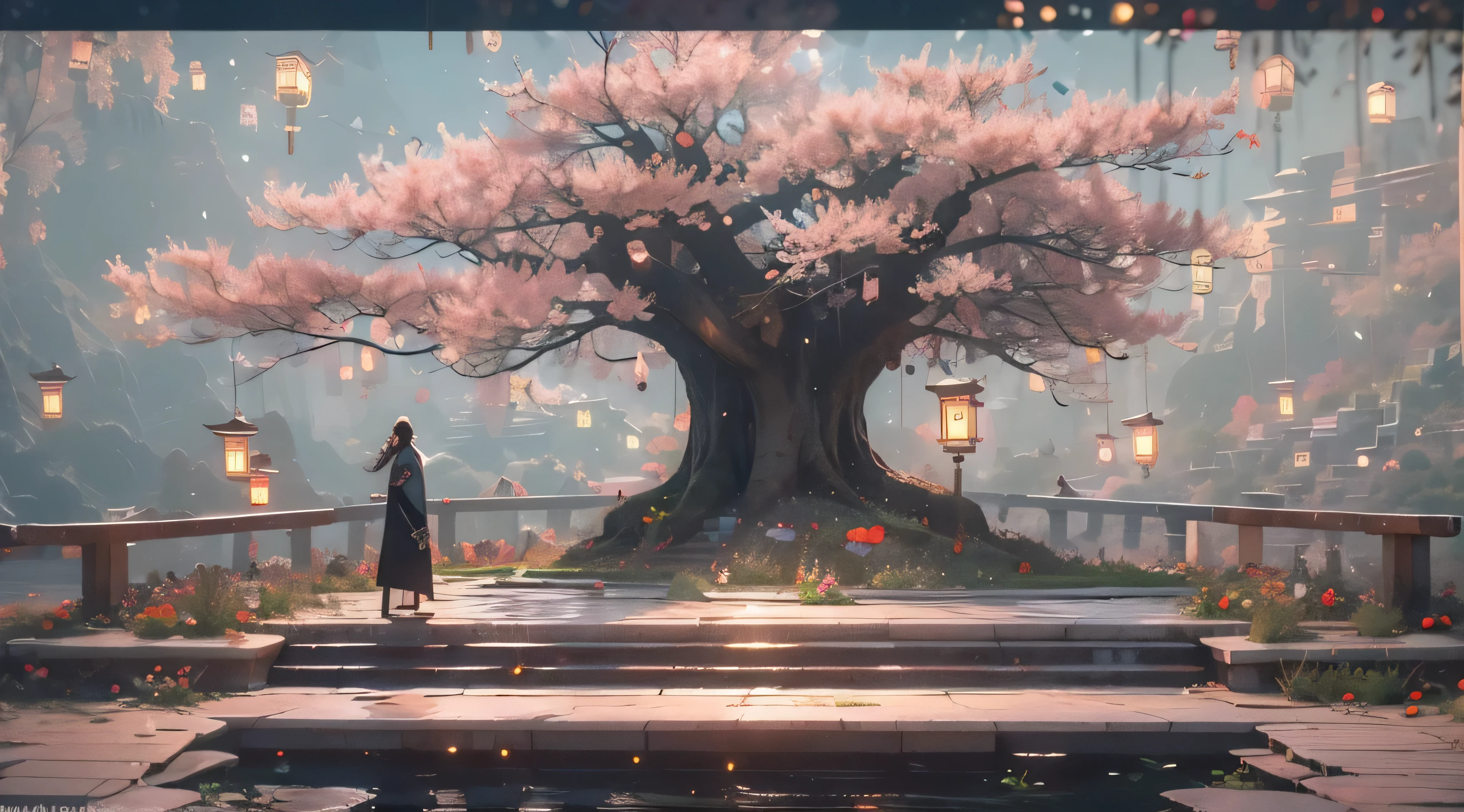 （tmasterpiece：1.2），best qualtiy，realisticlying，Tyndall effect，Underworld marriage，natta， Lanterns， The tree， scenecy， exteriors， 1boys， 独奏， brunette color hair， Japanese clotherom back， malefocus， standing on your feet， east asian architecture， buliding， Skysky， nigh sky， stairwayack，