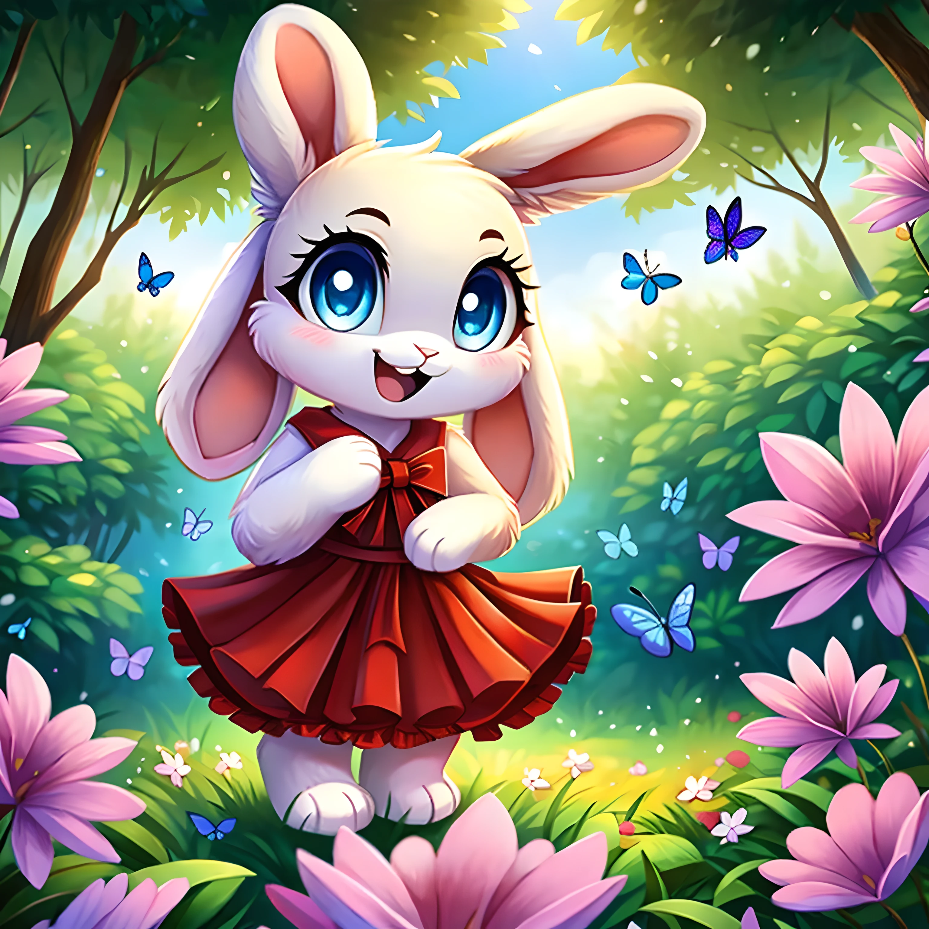 zoomed out image, cute style art, fantasy style art, cute, adorable, short character, small, tiny little fluffy female white bunny with blue eyes, 4 ears, 2 extra ears, big floppy ears, long ears, ears perked up, raised ears, long eyelashes, poofy rabbit tail, wearing a red frilly ribbon dress, smiling, standing in a colorful fantasy forest, soft tones, big expressive smile, open mouth, wide eyes, excited eyes, excited face, stunning visuals, sunlight coming through the trees, flowers scattered in the bushes, butterflies in the air, digital illustration