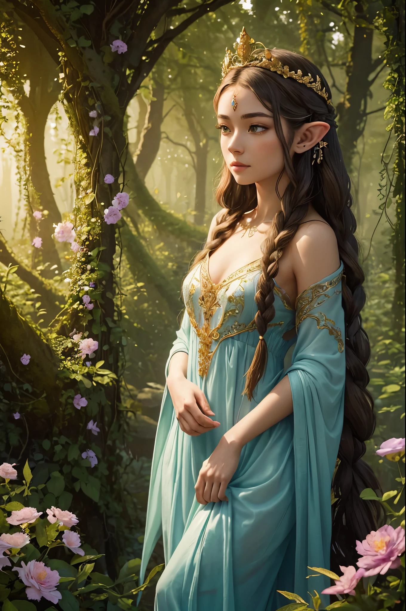 A beautiful girl with pointed ears and elegant features,
soft glowing eyes,
long flowing hair with intricate braids,
delicate facial tattoos that shimmer in the light,
wearing a crown made of vibrant flowers,
dressed in a flowing gown made of ethereal fabric,
standing in a magical forest bathed in golden sunlight,
surrounded by blooming flowers and enchanting creatures,
capturing the essence of a mystical realm,
evoking a sense of tranquility and enchantment,
created with the medium of oil painting,
best quality and ultra-detailed,
realistic and photorealistic,
with vivid colors and sharp focus,
enhanced by the use of studio lighting,
from an elven art book,
with a color palette of earthy tones and soft pastels,
illuminated by the warm glow of the setting sun.