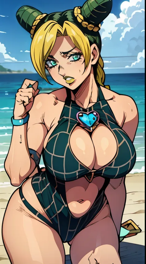 Jolyne, (big breasts), beach, cute, bikini, ((sola)) ((only)) ((alone)) gigants breasts, thick legs, big ass