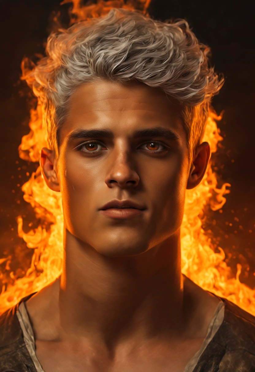 (best quality,4k,8k,highres,masterpiece:1.2),ultra-detailed,realistic,photorealistic:1.37,young guy,youthful appearance,18 years old,light gray hair,short haircut,yellow eyes,piercing gaze,standing on fire,fiery backdrop,fantasy realm, intense lighting, vibrant colors,character concept,impressive details,golden flames,dramatic atmosphere,subtle smoke effects,special effects,artistic blend,unique interpretation,captivating,visual storytelling,striking contrast,bold composition,emotional depth,realistic skin texture,expressive facial features,defiant expression,powerful presence,enigmatic aura,mysterious vibe