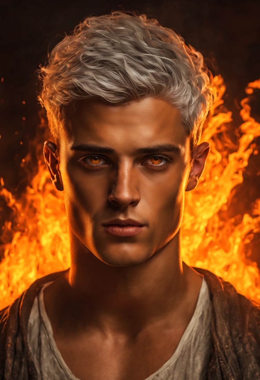 (best quality,4k,8k,highres,masterpiece:1.2),ultra-detailed,realistic,photorealistic:1.37,young guy,youthful appearance,18 years old,light gray hair,short haircut,yellow eyes,piercing gaze,standing on fire,fiery backdrop,fantasy realm, intense lighting, vibrant colors,character concept,impressive details,golden flames,dramatic atmosphere,subtle smoke effects,special effects,artistic blend,unique interpretation,captivating,visual storytelling,striking contrast,bold composition,emotional depth,realistic skin texture,expressive facial features,defiant expression,powerful presence,enigmatic aura,mysterious vibe