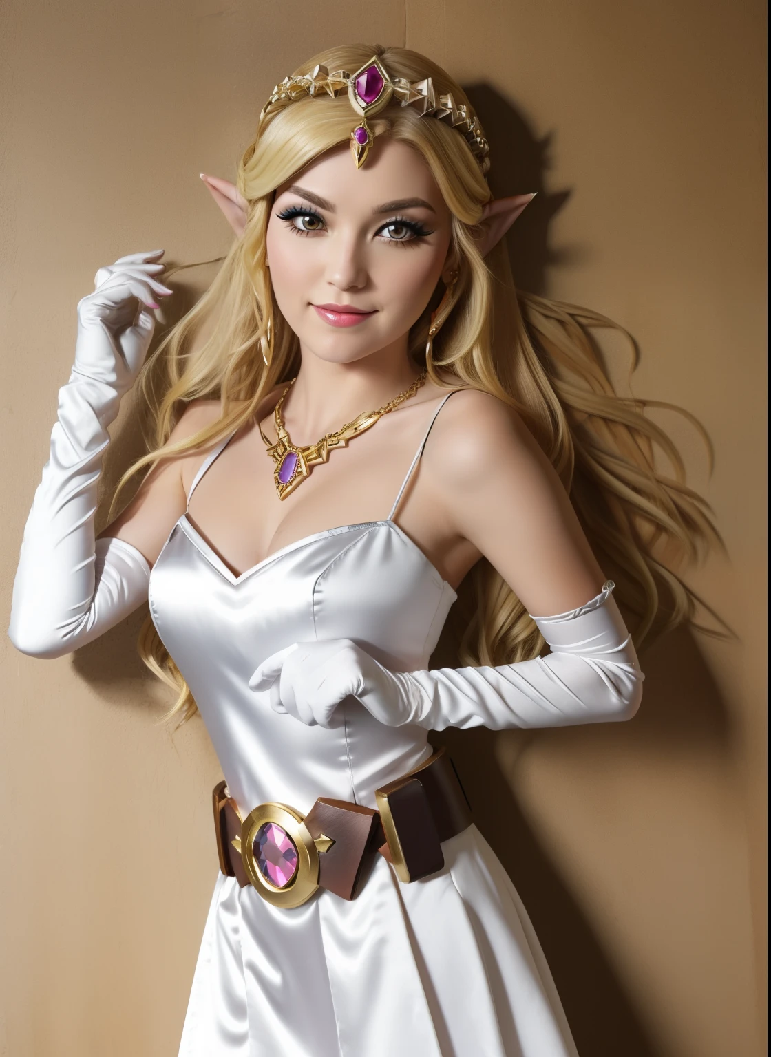 mostrar Zelda, 1 garota, Sozinho, cabelo longo, sorriso, cabelo loiro, luvas, vestir, joia, Orelhas pontudas, long white satin elbow luvas, cinto, colar, olhos pretos, Inventar, tiara, sombra, poses sensuais